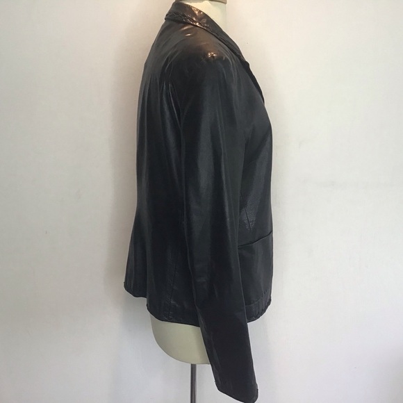 Rene Lezard black leather notched collar/zigzag stitching, 2 button blazer EU 42 - Picture 3 of 12